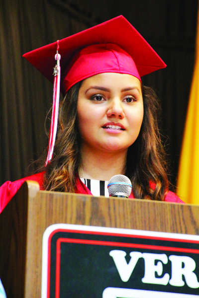 Washington Catholic 2019 Valedictorian
Paloma Atilano speaks during Commencement. Atilano, who is bilingual,
delivered her remarks in English and
Spanish.