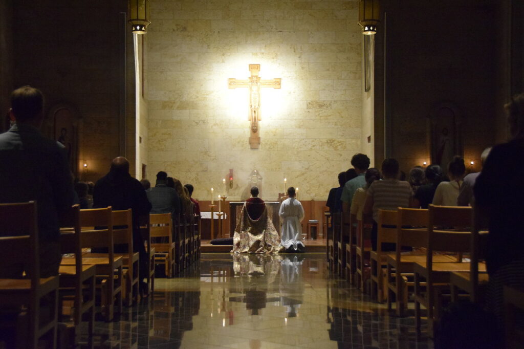 All kneel before the Blessed Sacrament during the Holy Hour in the Thomas Aquinas Chapel on Day 4 of One Bread One Cup.
Photo courtesy of St. Meinrad Archabbey