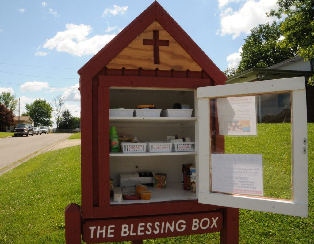 St. Joseph’s new Blessing Box, inspired by the program at Princeton Presbyterian Church, is located at the corner of Race Street and St. Joe Lane in Princeton. Its purpose is to provide basic needs for anyone in the community, including personal hygiene items, baby necessities and canned food.