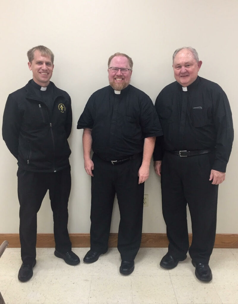 The current postulators of the Cause for Canonization of Servant of God Bishop Simon Bruté are Father Joe Newton, left, Father Tony Hollowell and Monsignor Fred Easton from the Archdiocese of Indianapolis. Photo by Zoe Canon/Special to The Message