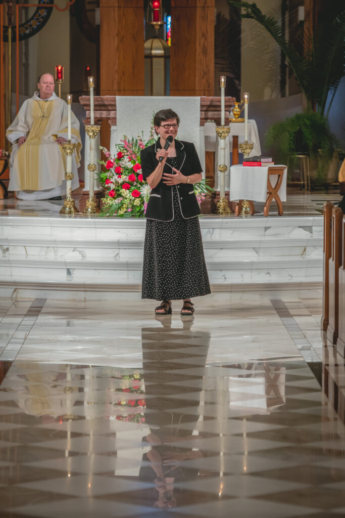 New Prioress Benedictine Sister Anita
Louise Lowe speaks to her community, the Sisters of St. Benedict in
Ferdinand, and special guests during Mass on July 13 at Monastery Immaculate Conception.
