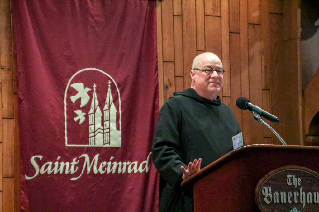 Benedictine Father Denis Robinson, President-Rector of St. Meinrad Seminary and School of
Theology, talks about everything happening at St. Meinrad. “You are participating in our building a Church for the future,” he said. The Message photos by Tim Lilley