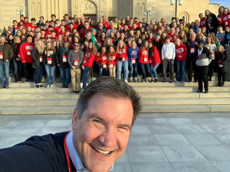 Diocesan Director of Youth and Young Adults Steve Dabrowski took this selfie with our pilgrims in front of the Basilica of the National Shrine of the Immaculate Conception on Jan. 26. 