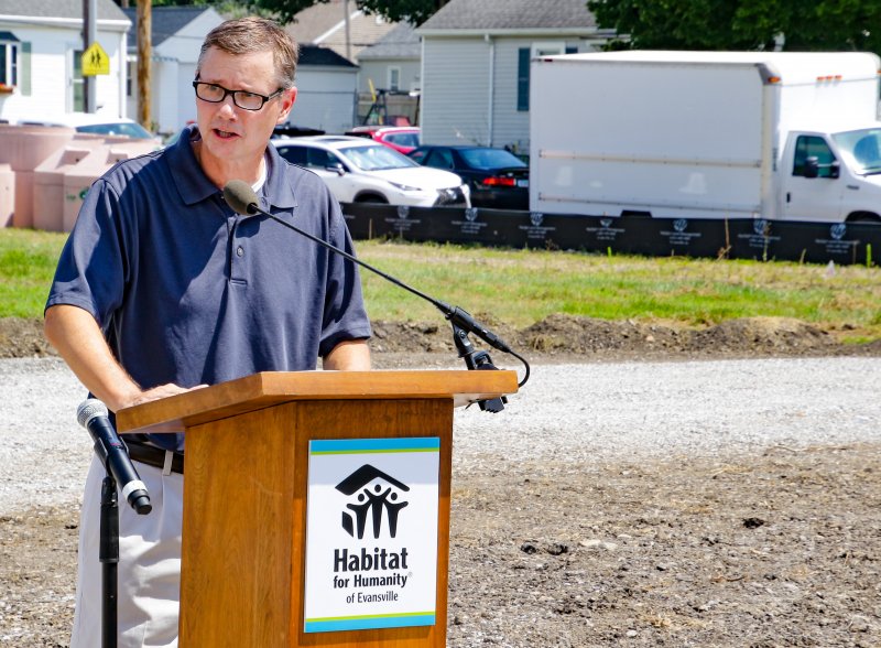 Former St. Theresa parishioner Dan Diehl gives a brief history of the parish during the Aug. 10 blessing and groundbreaking for St. Theresa Place. The Message photo by Tim Lilley