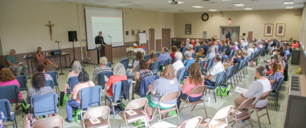 Bishop Joseph M. Siegel welcomes a large group of catechists from across the Diocese of Evansville as he opens Formation Day with a prayer service Aug. 28 at the Catholic Center in Evansville.
The Message photo by Tim Lilley