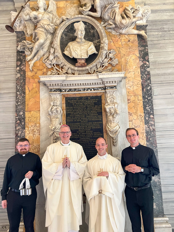Bishop Joseph M. Siegel and diocesan Director of Vocations Father Tyler Tenbarge recently visited seminarians Nick Biever and Tyler Underhill, who are studying at the Pontifical North American College in Rome. They gathered for a photo June 2 after morning Mass. Shown are Nick, left, Bishop Siegel, Father Tyler and Tyler Underhill. We thank Father Tyler for sharing this photo with The Message Submitted photo courtesy of Father Tyler Tenbarge