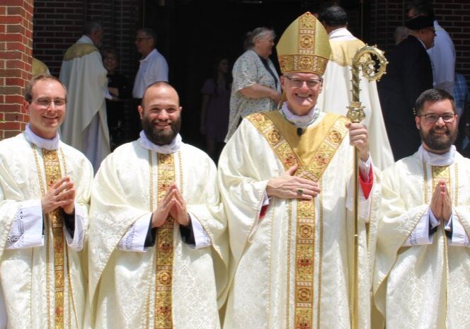 Bishop Joseph M. Siegel, second from right, stands with Father Tyler Underhill, left, Father Caleb Scherzinger and Father Phillip Rogier following their June 22 Ordination Mass at St. Benedict Cathedral in Evansville. Submitted photo by Joshua Wichman, Special to The Message
